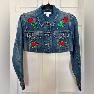 Coldwater Creek Cropped Minnie Mouse Denim Jacket with Red Rose Embroidery